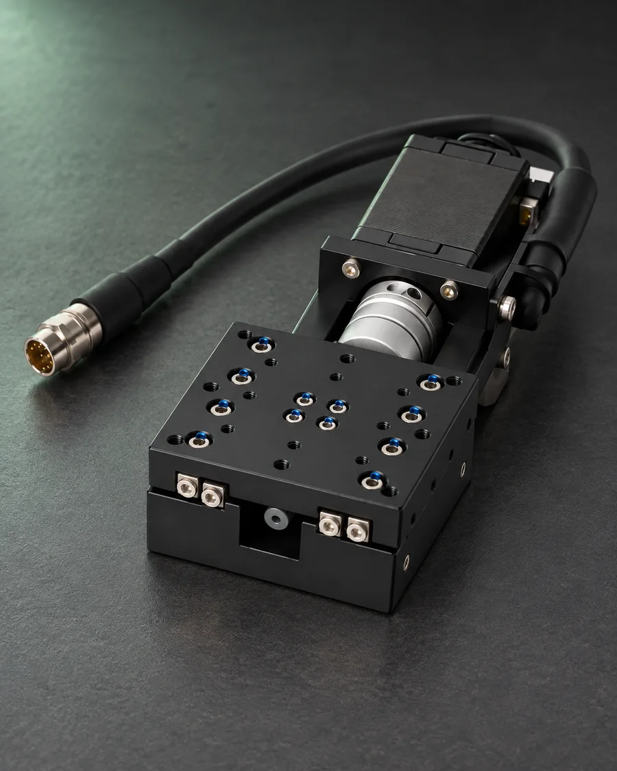 Illustrative studio view of a motorized linear positioning stage